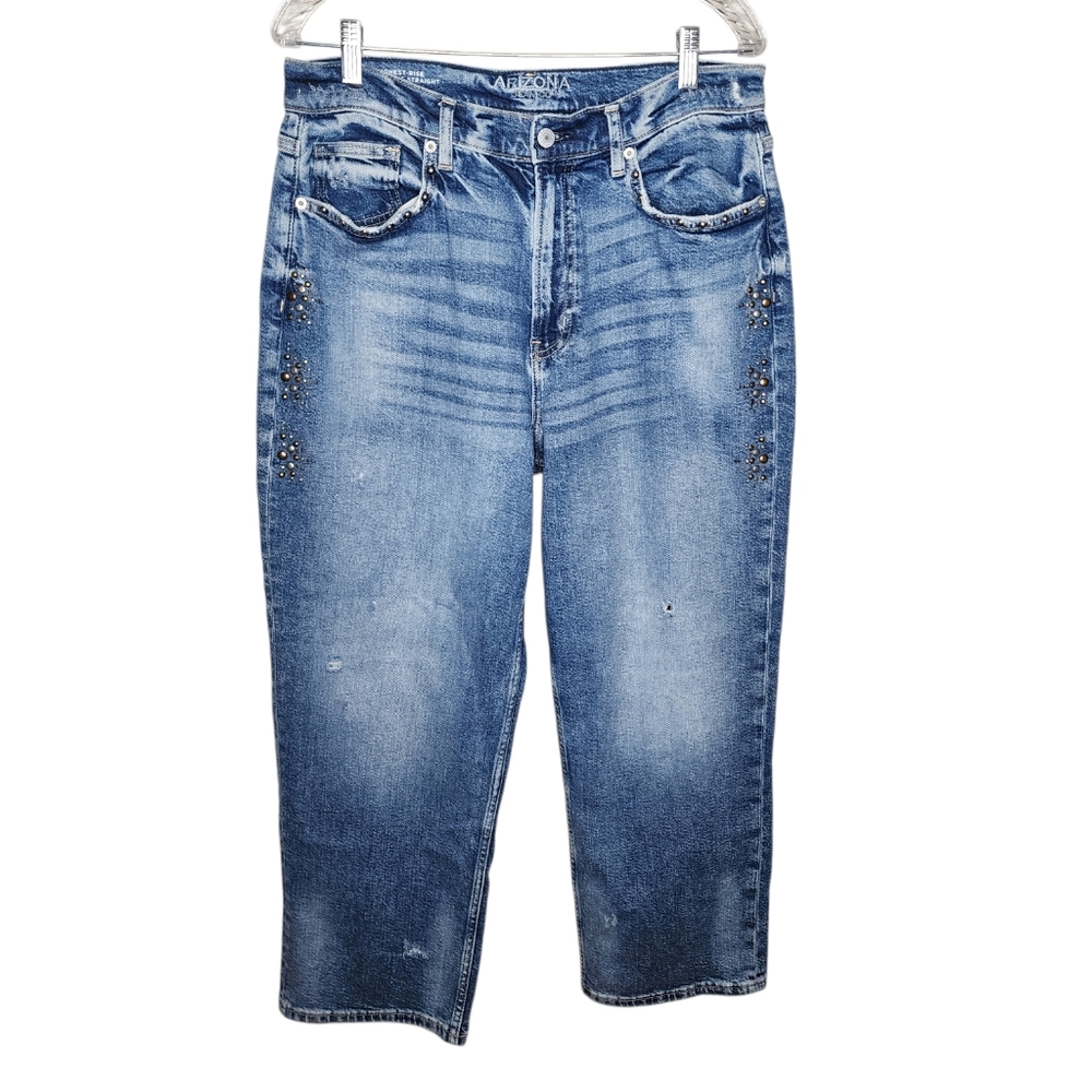 Arizona Jean Co Highest Rise Straight Leg Studded Distressed Jeans Blue Women 12